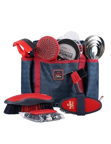 Horse Grooming Kit, 9 Piece Grooming Brush Set with Silicone Curry Comb for Bathing & Shedding Shadowberry - color: Shadowberry