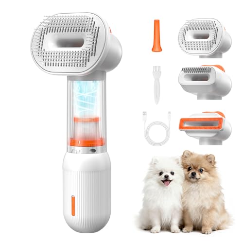Vacuum Dog Brush for Shedding, Mess-Free Grooming | 4-in-1 Grooming, Traps Loose Hair, Self-Cleaning, Slicker Brush, Low Noise, Dogs & Cats, Short & Medium Coats