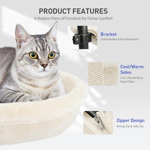 Cat Desk Bed, Reversible Cat Hammock for Desk Use, Clamp-On Metal, Cream | 360 Rotating, Height Adjustable, Supports up to 45lbs, Machine Washable, Large Cats & Kittens, Indoor, Office & Game Tables - color: White