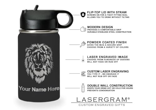 LaserGram Personalized 12oz Water Bottle, Rabbit (Black) | Engraved Gift, Vacuum Insulated Stainless Steel, Flip-Top Straw Lid, Laser Engraved With Your Name - color: Black, size: 12 Ounces