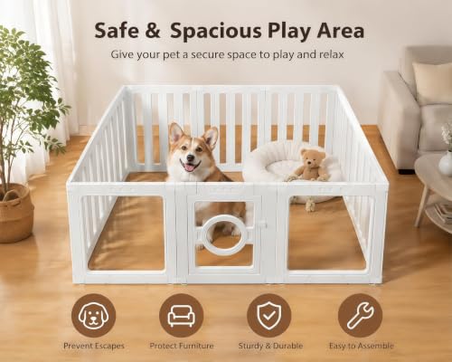 Acrylic Dog Playpen – Tool-Free 10-Panel Assembly Portable Dog Play Pen with Door, 23.6” High Pet Fence Indoor, Modern White Pet Play Pen for Dogs, Cats & Small Animals