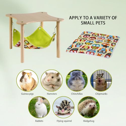 Guinea Pig Hammock with Soft Mat, Wooden Guinea Pig Hideout Toys with Double-Sided Hanging Hammock Bed for Hamster Chinchilla Rat Bunny Ferrets Sleeping Hiding
