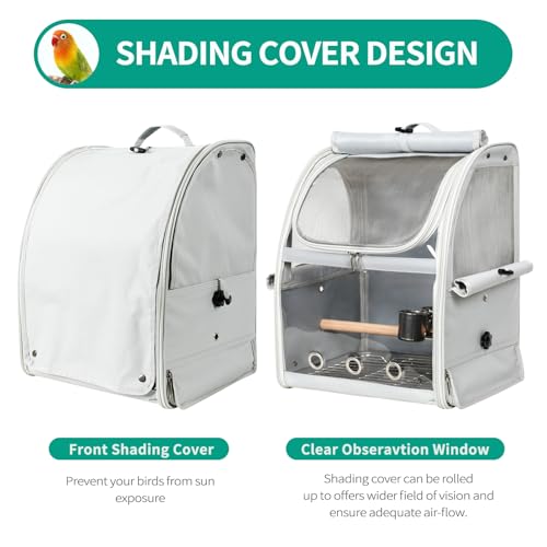 Bird Carrier Bag, Bird Travel Cage with Standing Perch and Indestructible Stainless Steel Mesh, Protable Transparent Breathable Carrier with Feeder Cups for Small Birds Parrot Parakeet, Grey - size: 16.0"L x 13.0"W x 10.0"H