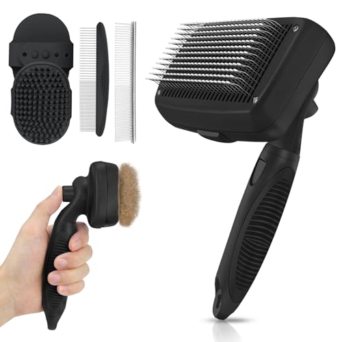 Self Cleaning Shedding Brush - 5-in-1 Professional Pet Grooming Kit Skin Friendly Grooming Tool for Dogs, Cats, and Puppies, Deshedding and Hair Removal for Long and Short Haired Pets, Black - color: Black