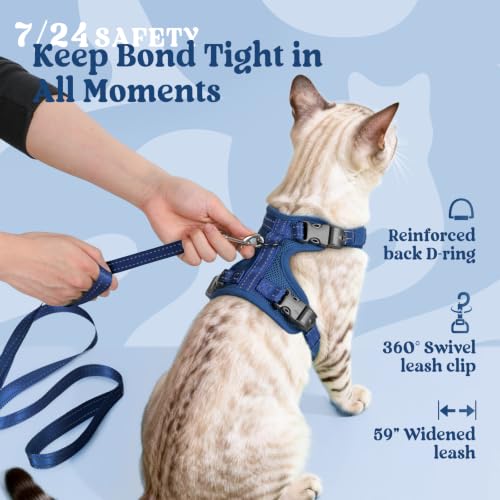 rabbitgoo Cat Harness and Leash Set, Easy-on with Neck Buckle, Navy Blue | Escape Proof, No Over-the-head, Soft Air Mesh, 3 Lockable Adjusters & Buckles, Reflective, for Kittens & Small Cats Walks, Xs - color: Navy Blue, size: Xs