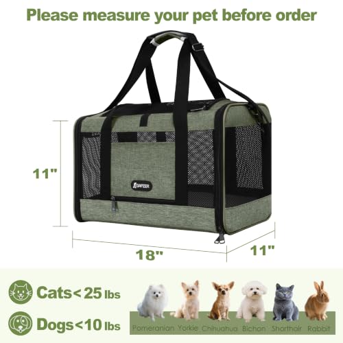 GAPZER Medium Cat Carrier Bag Lightweight, Soft-Sided Small Pet Carry Crate | 18 x 11 x 11 Light Weight Yorkie Kennel up to 15 lbs for Indoor House, Top Entry Bunny Canvas Bag Vet Visit Easy Clean Olive - color: Olive