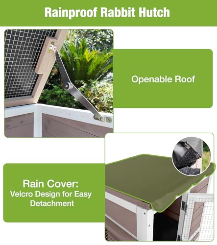 GUTINNEEN Wooden Duplex Rabbit Cage on Wheels with Chew-Proof Ramp, Brown | 4 mobile swivel casters, 2-story design, waterproof rain cover, 5 access doors, 2 sliding trays - color: Brown