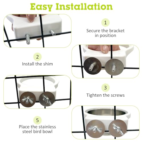 Stainless Steel Bird Bowls for Cage 2 Pcs Parrot Feeding Dish Metal Food and Water Cups Detachable Birds Cage Feeder Hanging Finch Food Plates with Perch for Parakeet Budgie Lovebird (White) - color: White