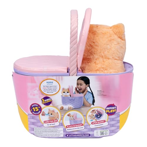 Little Live Pets Mama Surprise Kittens, Interactive Mama, Surprise Toys | Portable basket, fish accessory, 3 baby kittens, and 15+ sounds and reactions for ages 4+ toy cat play - style: Kitten