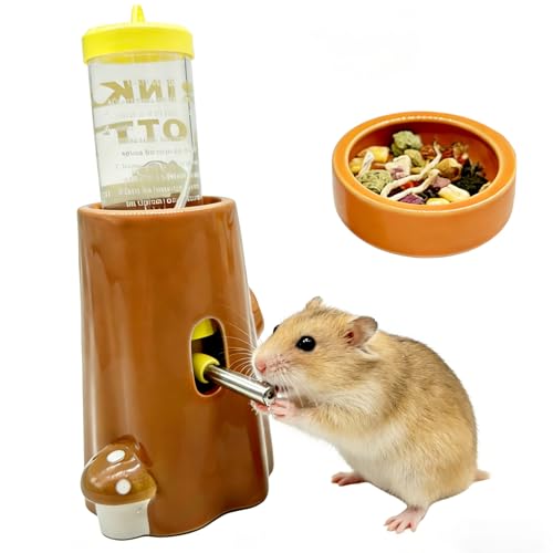 Hamster Water Bottle Adjustable Ceramic Hamster Water Dispenser No Drip Feeder with Food Bowl for Mice Rats Hedgehog Chinchilla Gerbil - color: orange