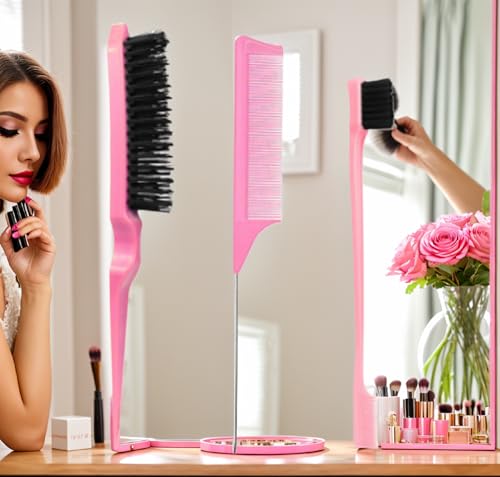 Pink Hair Brush Set - 3 Pcs, Slick Back, Rat Tail, Teasing Comb for Kids and Baby Hair Smoothing