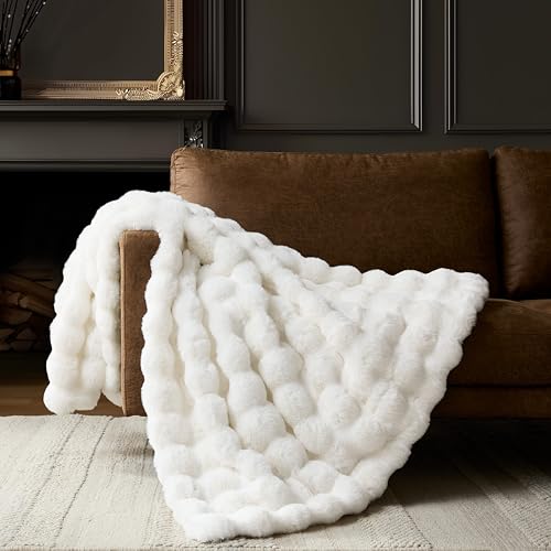 WDCOZY Luxury Ivory Bubble Throw Blanket, Cream White Faux Fur Mink Plush Throw for Couch, Sofa and Bed, Soft Fluffy Fuzzy Furry Cozy Blanket, Thick and Warm, 50x60 inches - color: Solid - Ivory, size: Throw (50" x 60")