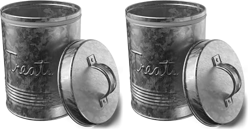 Amici Pet, Retro Treats Galvanized Relief Lettering Metal Storage Canister, Food Safe, Push Top, 72 Ounces (Pack of 2) - size: Large/72 oz (Pack of 2)