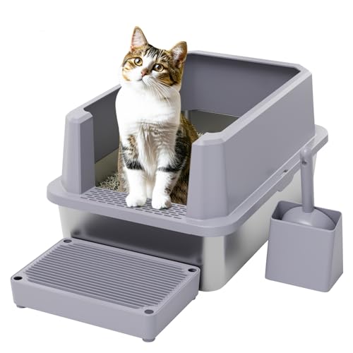 RIZZARI Open Cat Litter Box: Stainless, High Sided, Easy Clean | Spacious for Large Cats / 304 Stainless Anti-Odor / 6.5" Splash Guard / Leak-Proof Seams / Apartments & Laundry - color: Cool Gray