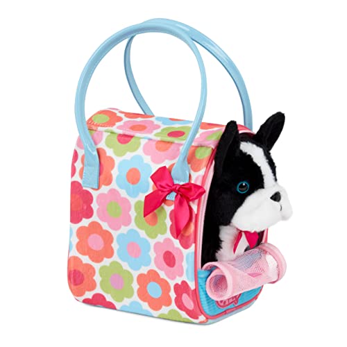 Pucci Pups Plush Puppy Dog Carrier Set, Floral Glam Bag, Boston Terrier | Includes plush puppy, floral print carrier, and comb for cuddling, carrying, and grooming play; stuffed animal set; 2+ Years - style: Boston Terrier - Floral Bag