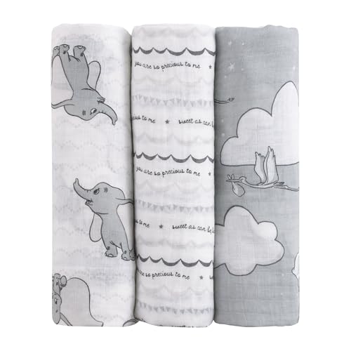 Disney Dumbo 3 Piece Muslin Swaddle Baby Blanket Set - color: Dumbo Gray and White