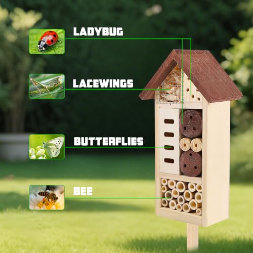 Lulu Home Wooden Insect House with Stake, 19.7 X 3.4 X 5.4 Inch | Hanging & Inserting Two Mount Ways, For Bee, Butterfly, Ladybirds, Beneficial Insect Habitat, Bug Hotel Garden