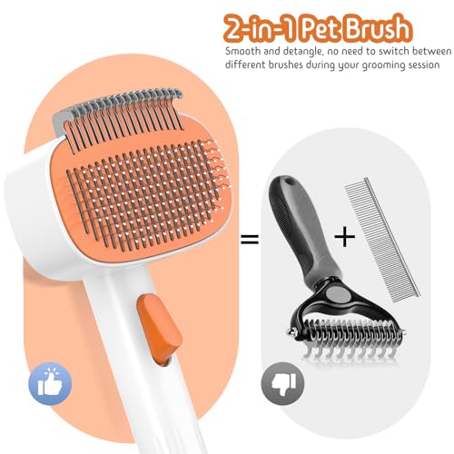 Dog & Cat Brush for Shedding, 2-in-1 Self Cleaning Deshedding Brush | Adjustable Bristle Length with Dematting Comb Skin Friendly Fur Shedding Removal Tool for Long Medium Long Hair Pets (Orange) - color: Orange