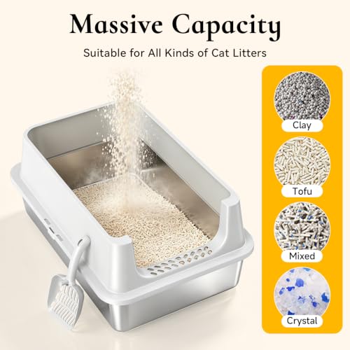 XL Open Top Stainless Steel Litter Box with High Sides, Gray | Extra Large Metal Cat Litter Pan , XL Litter Box, Non-Stick Easy Clean Anti-Leak Kitty Litter Pan, Odor Control, Open Top - color: Gray