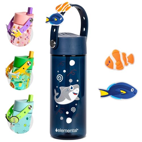 Elemental Water Bottles for Kids - Splash Kids Water Bottle for School with Fun Charm Handle - BPA Free Tritan Plastic Bottle with Straw Leak Proof When Spout is Closed - 18oz - Shark Friends - color: Shark Friends