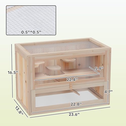 PawHut 2-Level Hamster Cage, Mouse Cage for Chinchillas, Natural | Mice and Rat House, Small Animal Habitat, Front Door, Shelf, Ladder, Openable Top - color: Natural Wood