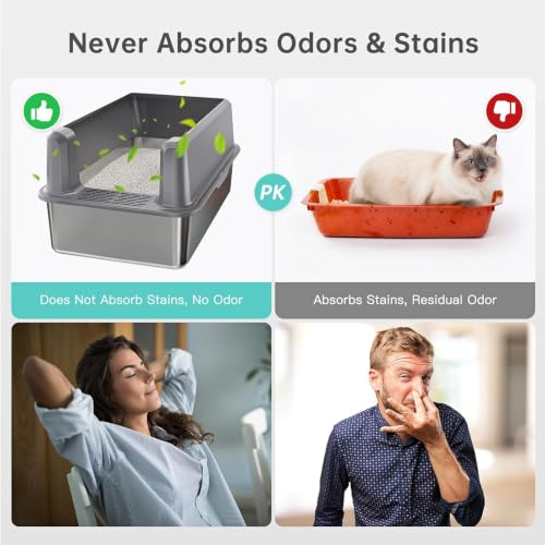Stainless Steel Litter Box, Open Top High Sided Cat Litter Box for Big Cat | XL, 1 Scoop, Anti-Urine Leakage, Non-Stick Odor-Free, Easy Clean, High Sides Block Spray, Reduce Litter Tracking, Durable - color: 25-Mid Grey