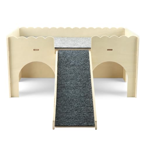 Extra Large Wooden Guinea Pig House Castle with Ramp and Fleece Mat, 2-Story Detachable Chew Proof Small Animal Hideout Hut, Easy to Assemble Wooden Hideaway for Bunny, Hamster, Chinchilla, Beige