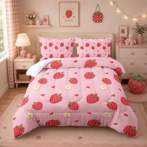 Nttopship Cute Strawberry Comforter Set, Kids Bedding Set, Full Size, All Season, 1 Comforter, 2 Pillowcases - color: Cute Strawberry, size: Full