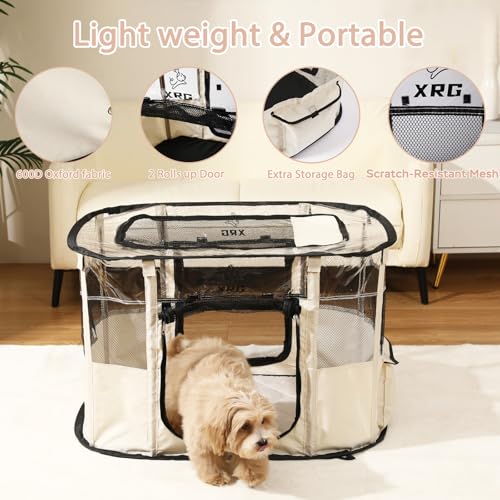 Dog Playpen with Waterproof pad,Portable Pet Crate Kennel Tent,Cat Cages Indoor Breathable Mesh Collapsible Dog Crates Playpen for Dogs Cat and Rabbit Travel Indoor & Outdoor(Large, Beige) - color: Beige, style: Large（35.4"L x 27.6"W x 23.6"H）