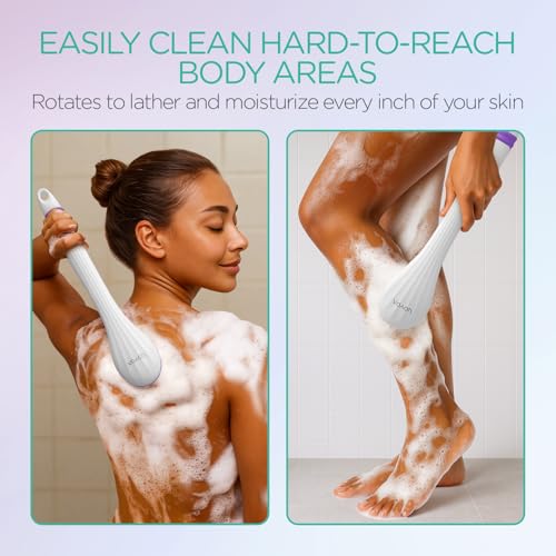 VOYOR Electric Body Brush for Showering, Back Scrubber for Shower, Purple | Rechargeable Exfoliating Bath Brush Powered Shower Brush Non-Slip Long Handle Deep Cleansing, Massaging Brush Women Men BC100 - color: Purple