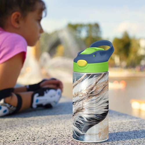 OTVEE White Dragon Kids Water Bottle with Straw Lid 12 oz Insulated Stainless Steel Leakproof Duck Mouth Tumbler Cup for Boys Girls Teen School - color: White Dragon