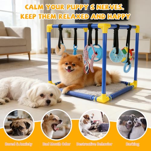 Puppy Play Gym, Dog Activity Center with 8 Hanging Toys, PVC Frame | 8 Enrichment Toys for Busy Play, Soft Mat for Rest, Non-Slip Feet for Stable Play, Adjustable Straps, Cats and Small Pets