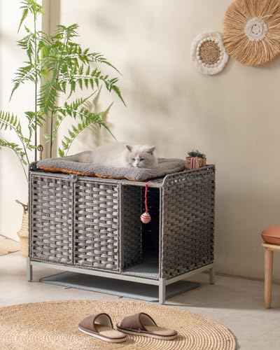 SETVSON Cat Litter Box Enclosure Furniture with Divider, Cat Cabinet,Gray | Handwoven PE Rattan with Soft Mat, 3.54-In Heightened Metal Feet, 2 S-Hooks, 31.2 x 19.6 x 24.2 Inches Spacious Cat Furniture - color: Grey