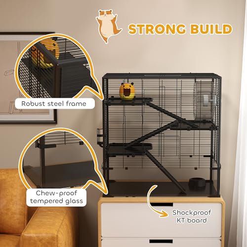 PawHut Large Hamster Cage with 9" Deep Tempered Glass Bottom, 4 Tiers Hamster Tank with Running Wheel, Hut, Water Bottle, Dish, Rat Cage for Syrian, Dwarf, Gerbils, Mouse, 31" x 19" x 31.5", Black | 4 Tiers Hamster Tank, Running Wheel, Hut, Water Bottle,