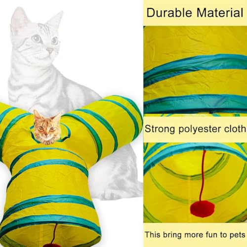 Cat Tunnel Tube Toys, 3 Ways Tunnels for Indoor Cats with Play Ball | Collapsible Pet Tube with Interactive Peephole Interactive Toy for Rabbits, Kittens, Ferrets, Puppy(Yellow Green) - color: 3 Way Yellow Green