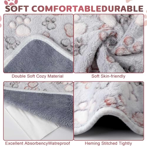 Panelee 4 Pcs 24 x 16 Inch Waterproof Dog Puppy Pads Soft Cat Blankets Dog Sleep Mat Absorbent Pet Blanket Paw Pattern Whelping Warm Pads Fleece Puppy Potty Training Pad Reusable(Gray) - color: Gray