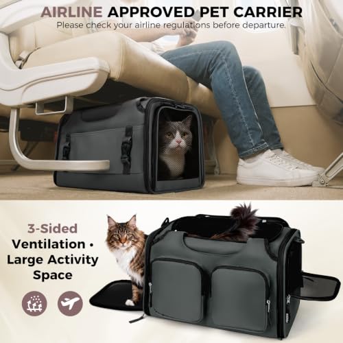 Dog, Cat Carrier for Pets Up to 12 Lbs, Airline Approved Collapsible Soft-Sided Pet Travel Bag with Locking Zippers, Breathable Mesh and 4 Large Pockets, Removable Fleece Pad (Dark Grey) - color: Dark Grey
