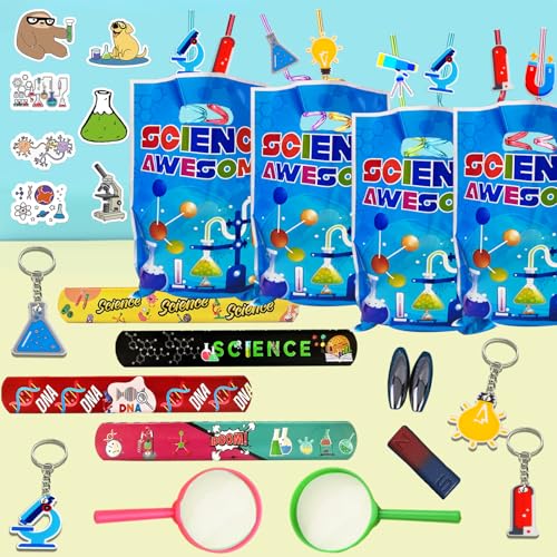 111PCS Science Party Favors, Lab Birthday Decorations and Goodie Bag Toys | 111PCS science party favors with magnifiers, gift bags, stickers, straws, bracelets, keychains and a magnet set. - style: Science