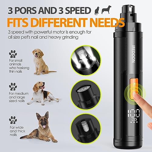 Dog Nail Grinder with 4 LED Lights, 3 Speeds Super Quiet for Pets | Low Vibration,Electric Pet Nail Grinder, Professional Painless Paw Grooming & Smoothing for Small to Large Dogs Cats(Black) - color: Black