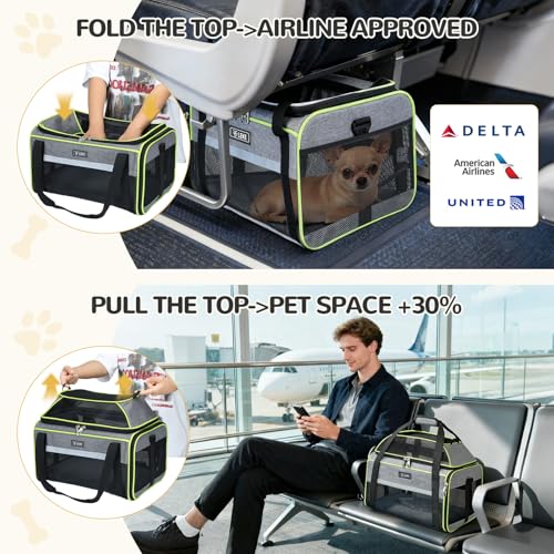 Lekereise Top-Expandable Pet Carrier 18x11x11Inch Delta American United Airline Approved Soft Sided Underseat to 15lbs Travel Carriers for Small Dogs Cats with Locking Safety Zippers Anti-Scratch Mesh - color: Gray