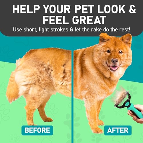 Maxpower Planet Hair Brush - Double Sided Shedding, Dematting Undercoat Rake for Dogs and Cats - Extra Wide Dog Grooming Brush, Reduce Shedding by 95%, Turquoise | Turquoise, Undercoat Rake, Detangling Comb, 9/17-Teeth Dual-Sided, Cats, Anti-Slip Handle,