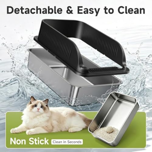 Stainless Steel Litter Box with High Sides, Include Scoop, Black | Easy Cleaning Anti-Urine Leakage Non-Sticky Open Top Low Entry - color: Black XL