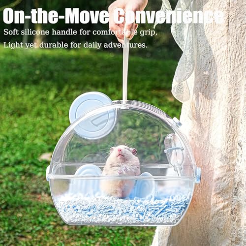 Small Portable Hamster Cages,Big Size(13×8.2×10.8'') Hamster Carrier with Water Bottle,Dwarf Hamster Travel Cage with Storage Box,360º Transparent Acrylic Pet Travel Carrier,Mouse Gerbil Cage(Blue)