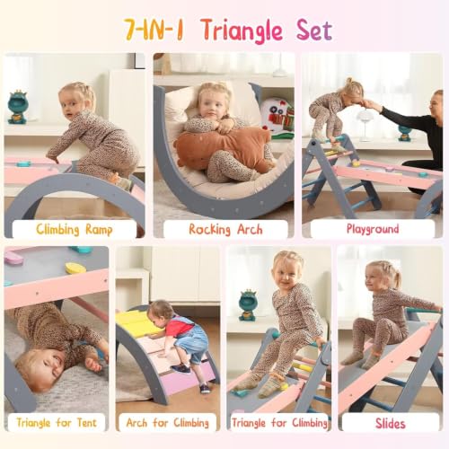 Pikler Triangle Set with Cushion, 7 in 1 Toddler Climbing Toys Indoor | Foldable Space-saving Design, Montessori-inspired Learning, Reversible Slide & Ramp, ASTM F963 Standards for Toddlers 18M-5Y - color: Rainbow With Blue
