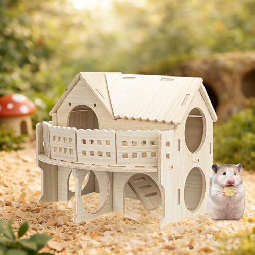 Wooden Hamster House with Balcony, Small Animal Habitat Double-Decker Forest-Style Hut Chew Toys for Dwarf Hamsters, Gerbils, Small Pets (Hole Diameter 6 CM) - size: Hole Diameter 6 CM