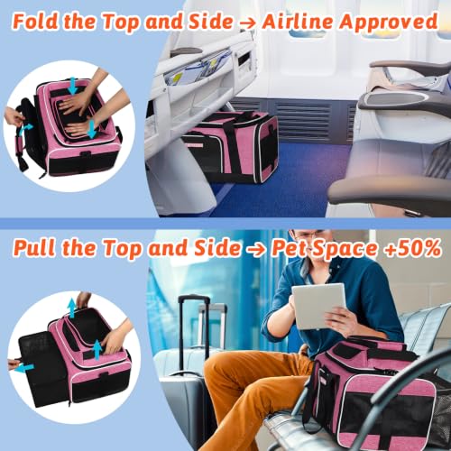 Top and Side Expandable Small Pet Carrier Airline Approved, Pink | 17"Lx11"Wx9.5"H, for Alaska Airlines, Pets Under 10 Lbs, Lockable Zippers,Soft-Sided, Anti-Scratch Mesh - color: Pink, size: 17.0"L x 11.0"W x 9.5"H