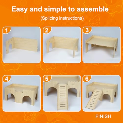 Large Wooden Guinea Pig Hideout with Ramp & 4 Cave Entrances for Small Pets | Easy Assembly, Easy-Clean Surface, Spacious Design, Anti-Slip Ramp, Quality Wood