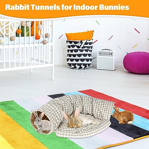 BWOGUE Bunny Tunnel Bed, 2-in-1 Collapsible Rabbit Tunnel Hideout with Mat | Removable Mat for Washing, Ball Toy for Play, Tunnel Tubes for Hiding, Soft Suede Fabric, Cats Rabbits Guinea Pigs - color: YellowPlaid