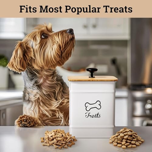 Dog Treat Container with Airtight Bamboo Lid, 5"W x 7"H, 7 Cup Capacity | Fits Most Popular Treats, 7 Cups Capacity, Airtight Bamboo Lid, Easy Open Metal Lid Handle, Dent-Resistant Durable Metal - color: White - Small