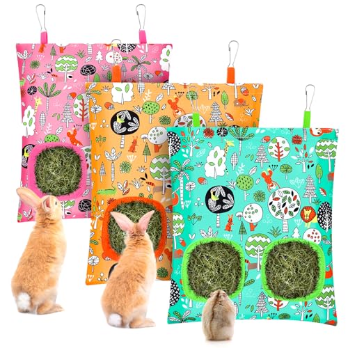 UPINS 3Pack Guinea Pig Hay Feeder Bag,Bunny Rabbit Cage Bag Hanging Holder | Guinea Pig Cage Feeder,for Bunny Rabbits,Chinchillas,Hamsters,Small Pets,and Animals - color: Orange Green Pink